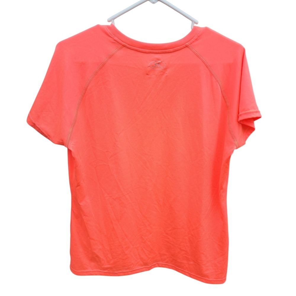 Under Armour HeatGear Womens V-Neck Short Sleeve Shirt Neon Orange Coral Large - Picture 2 of 5
